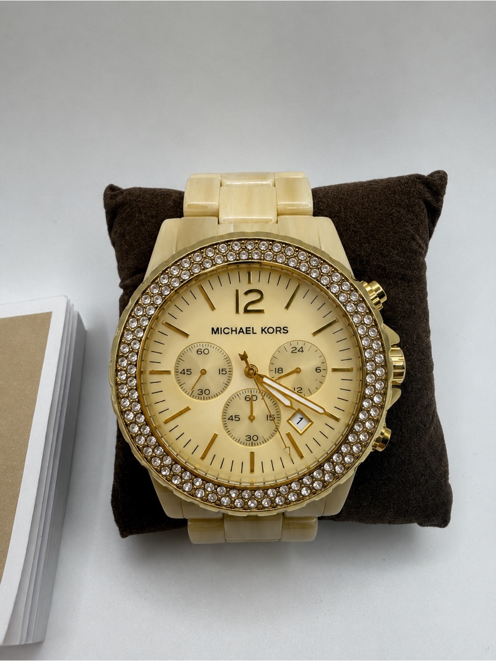 Michael Kors Cream and Gold Crystal-Trim Chronograph Watch BK5558 EUC